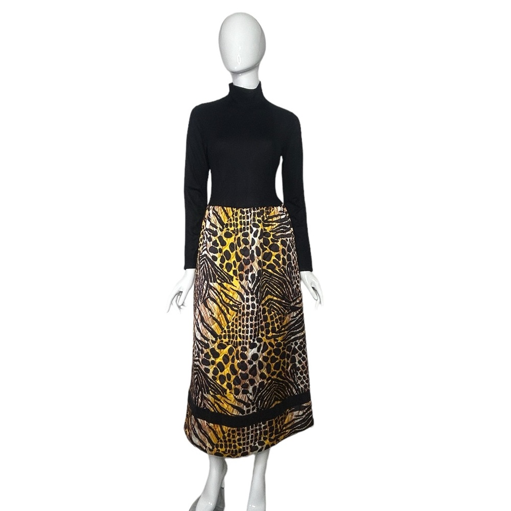 Vintage Dress Black & Animal Print 1960s Elaine Sklar Petite Small Long Sleeve